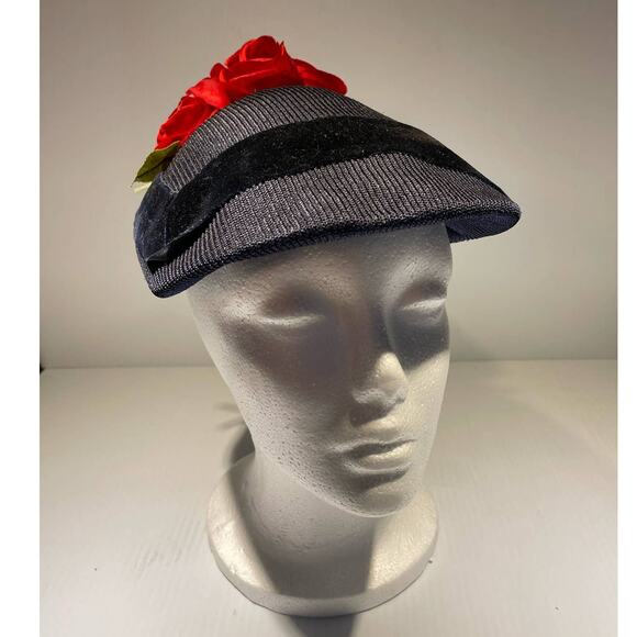 Vintage Carlot Juliet Velvet Red Roses Trimmed Black Fascinator Hat - Picture 1 of 8
